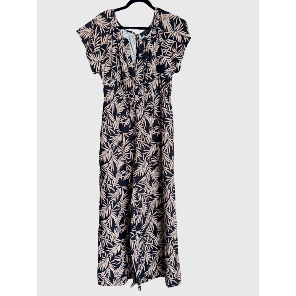 Tahari Linen Blend Tropical‎ Print Wide Leg Jumpsuit Medium Pockets